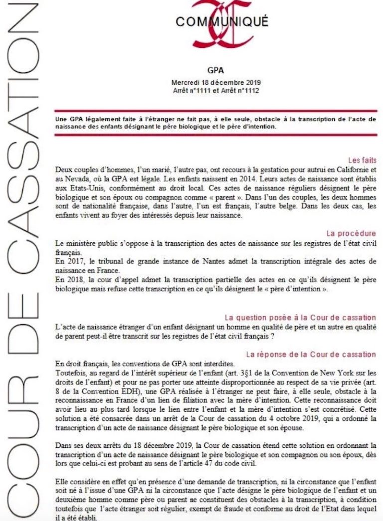 ASIE – FRANCE: La Cour de cassation française légalise des enfants nés sous GPA à l’étranger