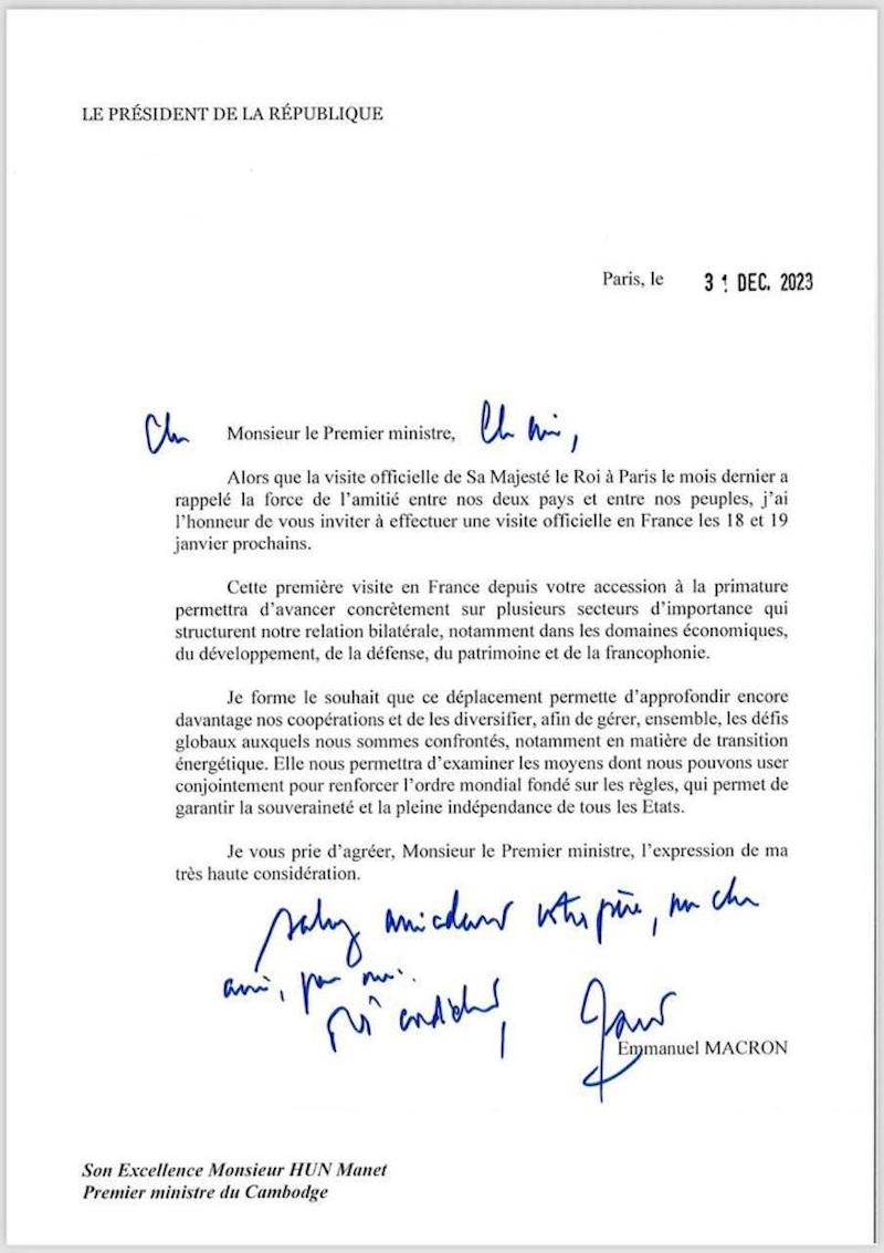 lettre adressée à Hun Manet par Emmanuel Macron