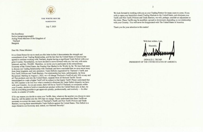 THAÏLANDE – ÉCONOMIE : Découvrez la lettre de Donald Trump à S.M. Rama X