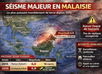 MALAISIE – SÉISME : Secousse de magnitude 6,8 au large de Sabah
