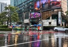 Carrefour urbain de Bangkok sous la pluie