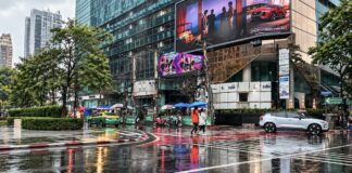 Carrefour urbain de Bangkok sous la pluie