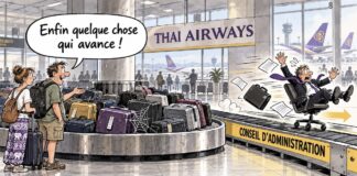 THAÏLANDE – DESSIN DE LA SEMAINE : Chez Thai Airways, le siège voyage plus vite que les valises dessin de presse - Thai Airways bagages