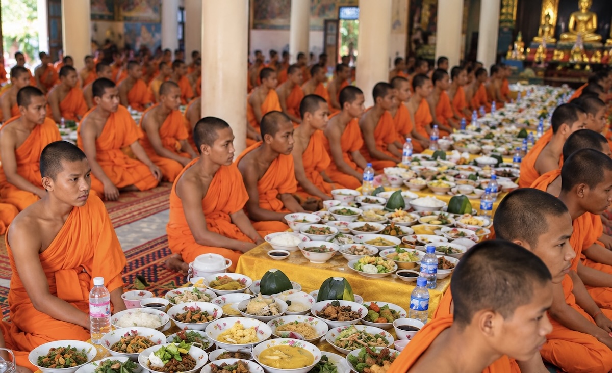 Repas monastique au temple bouddhiste au Cambodge